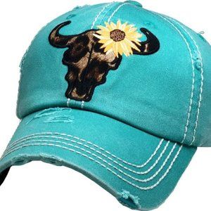 Steer Head Sunflower Vintage Blue Baseball Cap